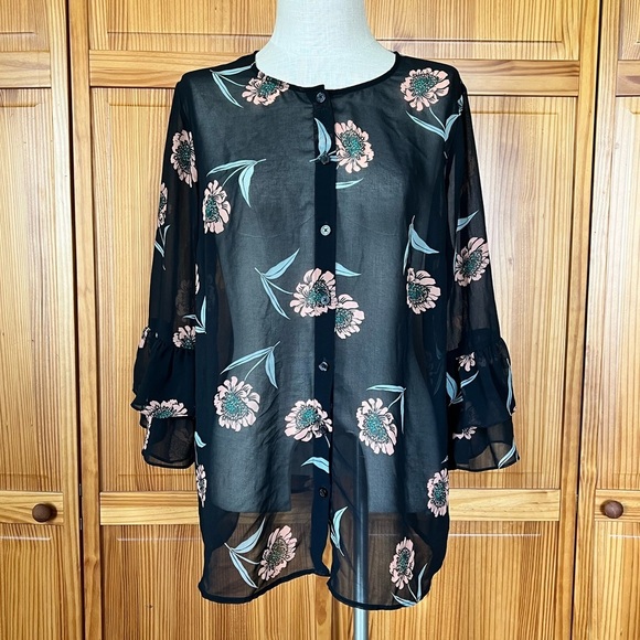 CAbi Large Black Floral Sheer Button Up Blouse Ruffle Sleeves Office Wear - Picture 2 of 9